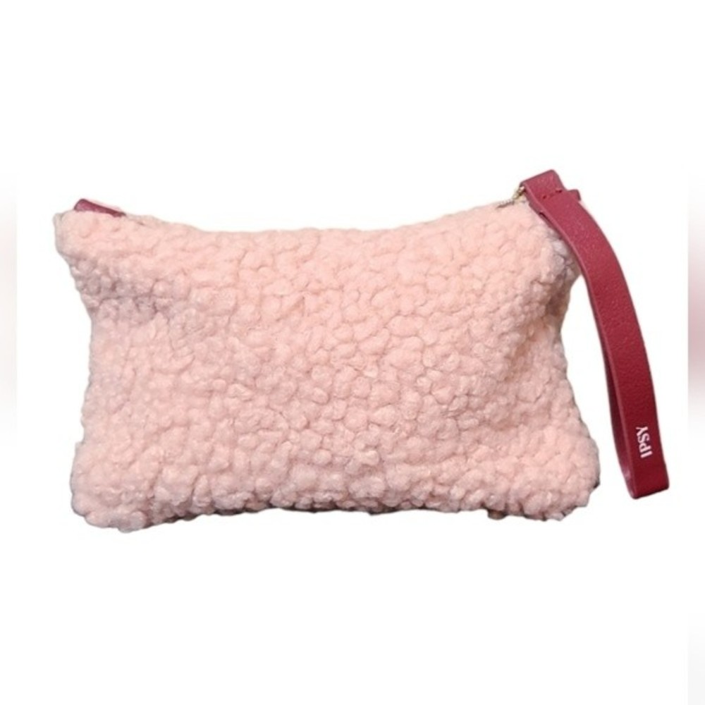 IPSY pink Sherpa maroon makeup bag NWOT